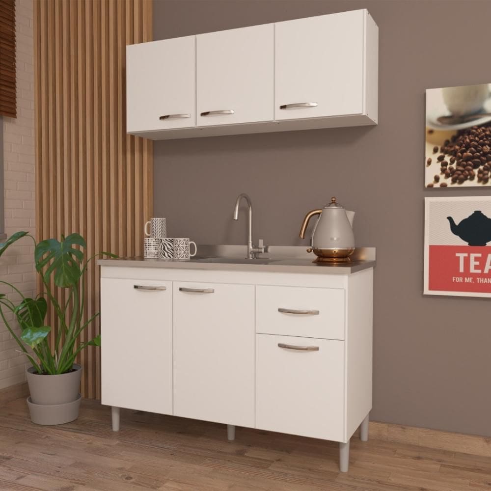 Cozinha Modulada Compacta Fidelitá Suiça 2 Peças 6 Portas 1 Gaveta Sem Tampo Branco