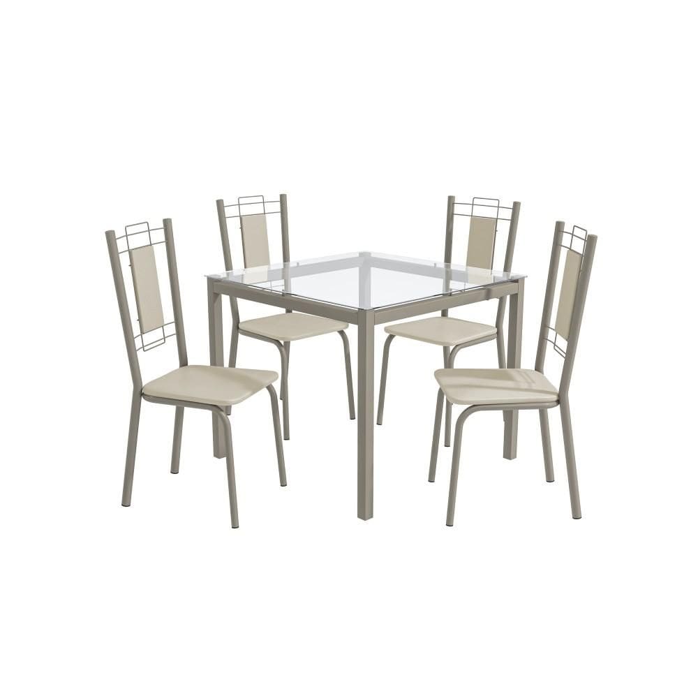 Conjunto Sala de Jantar 4 Cadeiras Mesa Tampo de Vidro Kappesberg Crome Níquel/Nude
