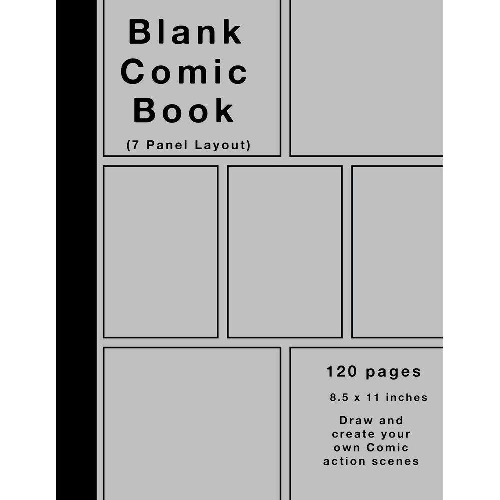 Livro em quadrinhos em branco, 120 páginas, 7 painéis, capa prateada, papel branco