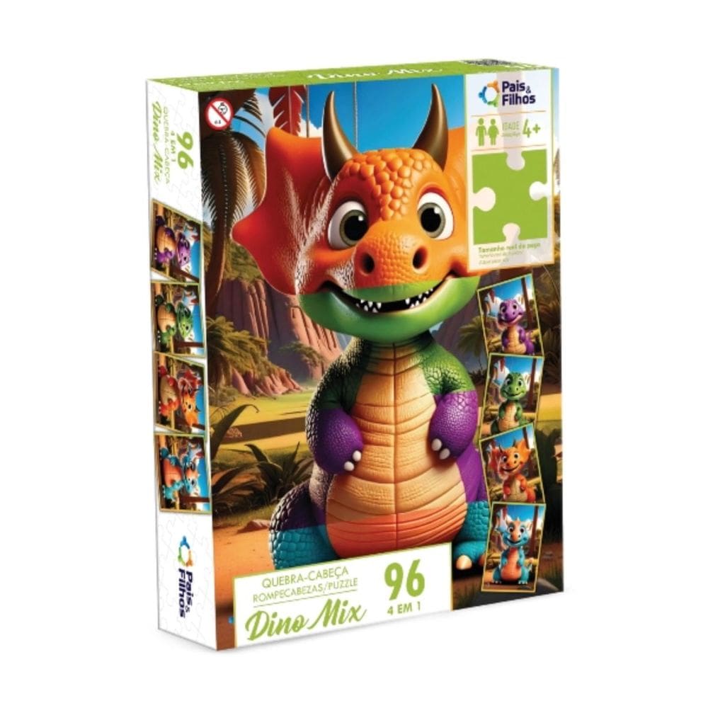 Jogo de Quebra Cabeça 4 em 1 Dino Mix Infantil 96 Peças +4 Anos Pais & Filhos