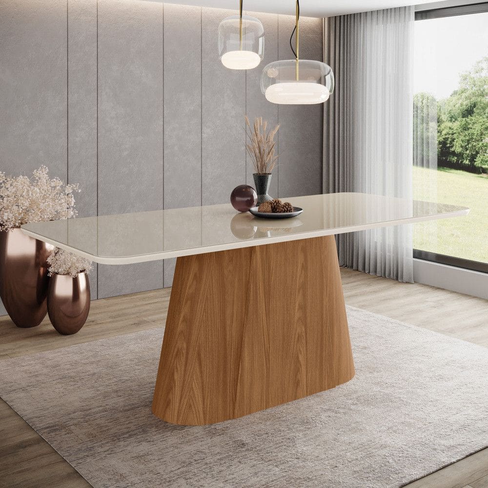 Mesa Olivia para 8 lugares Tampo 200cm com vidro Canto arredondado