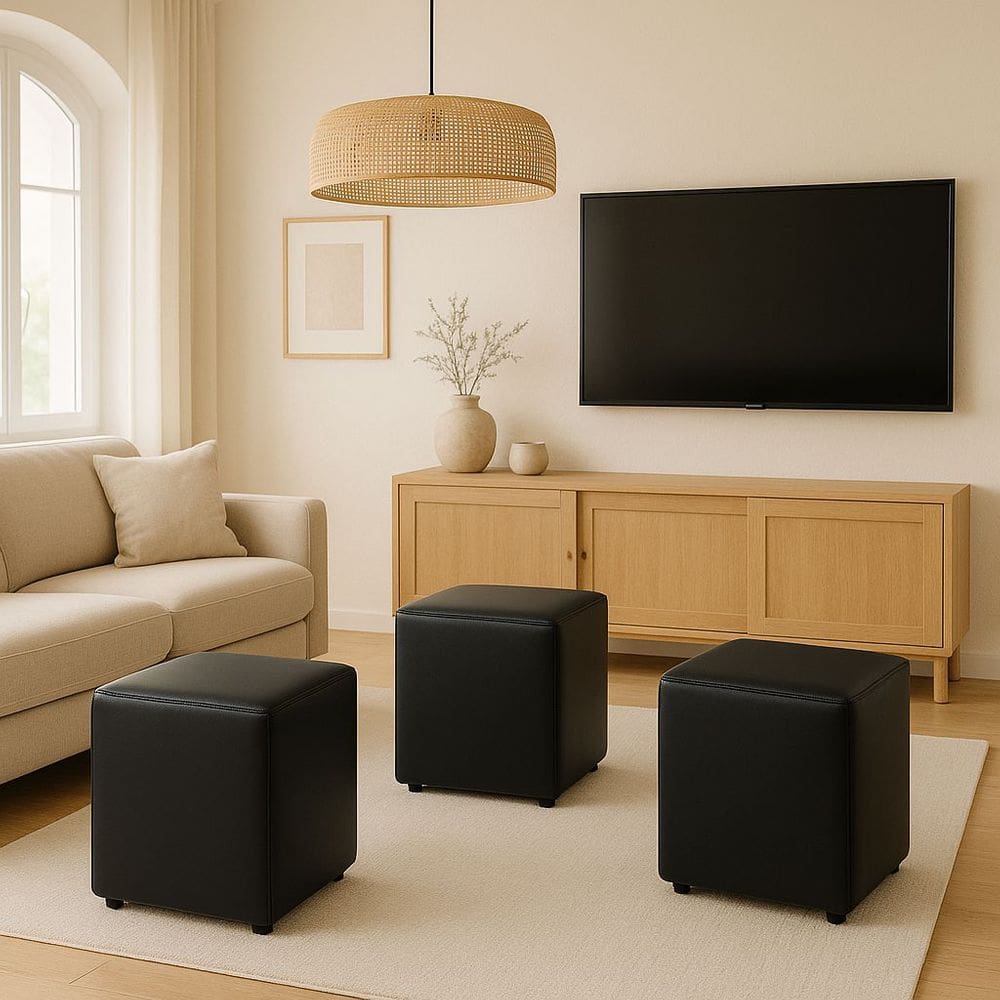 Kit 3 Puffs Parisi Couro Sintético Preto P/ Decoração Sala