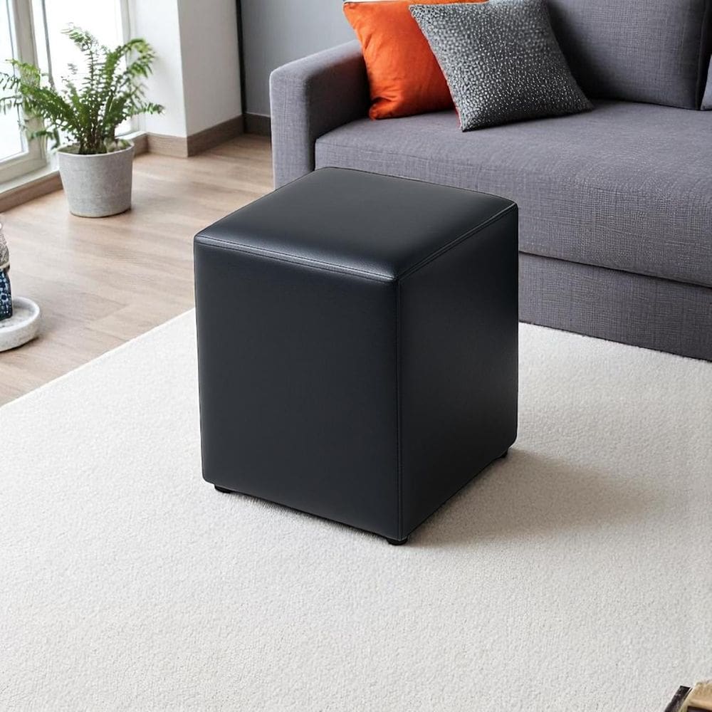 Puff Parisi Couro Ecológico Preto 42cm Compacto Reforçado