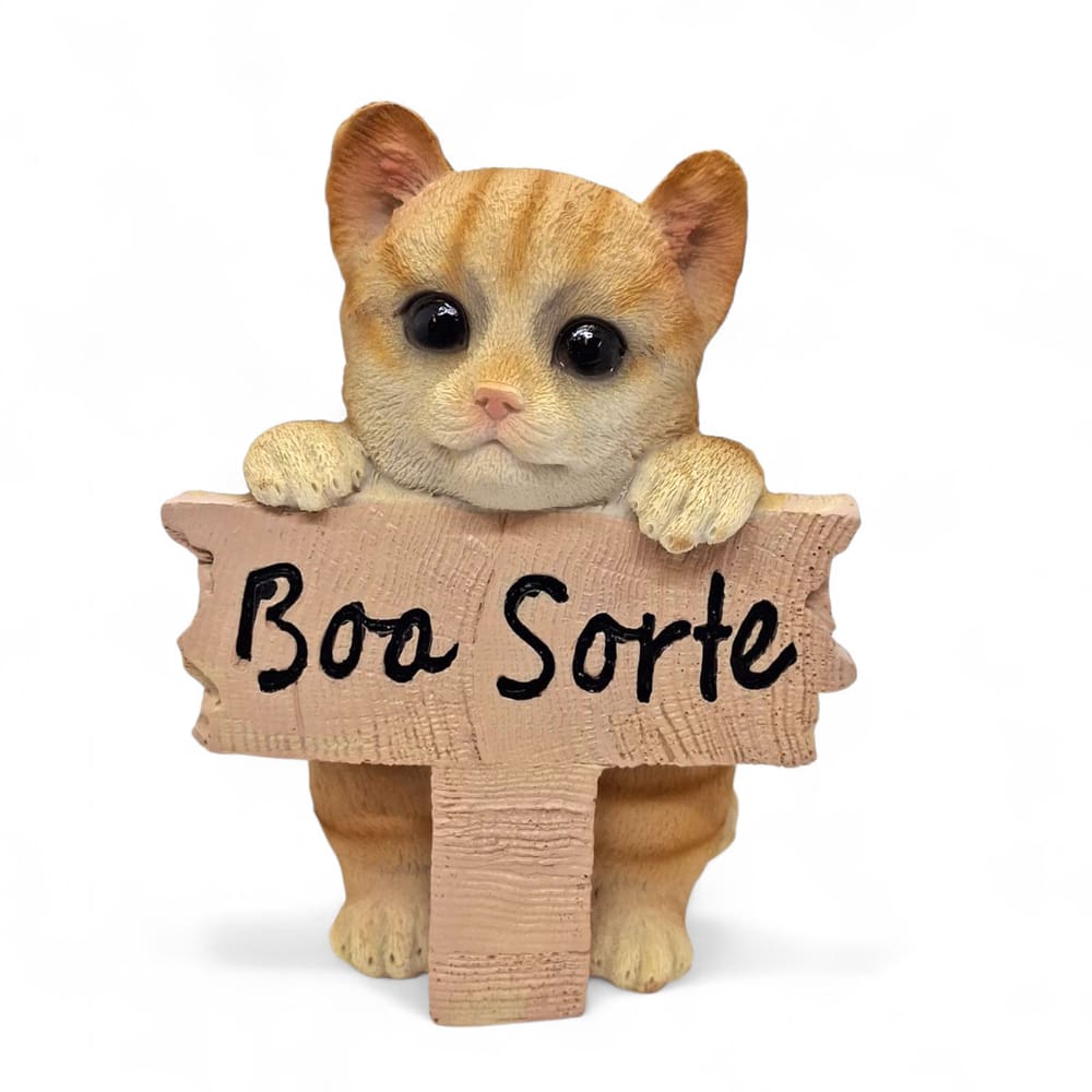 Enfeite Gato Laranja Placa de Boa Sorte em Resina 14 cm