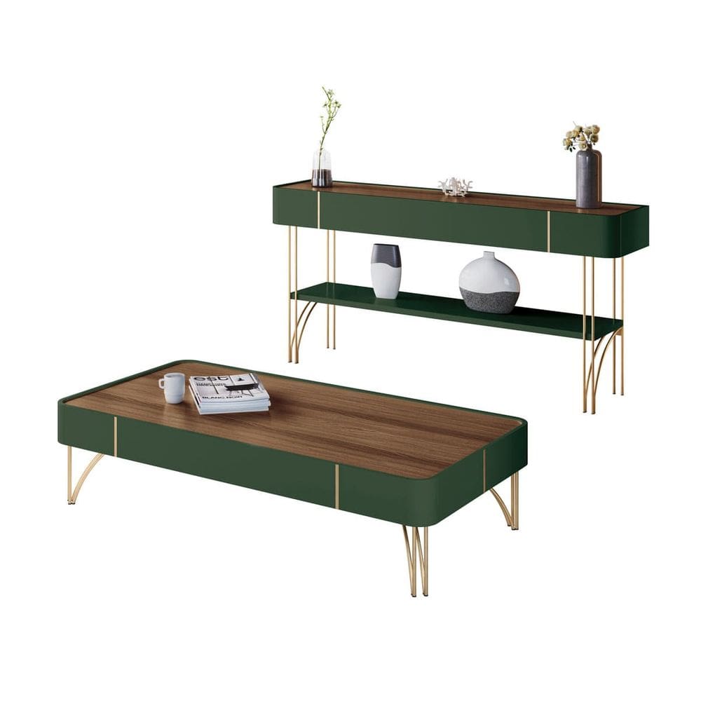 Kit Mesa de Centro e Aparador Miami Orgânica - Verde Pistache-Castanho - EdeCasaMoveis
