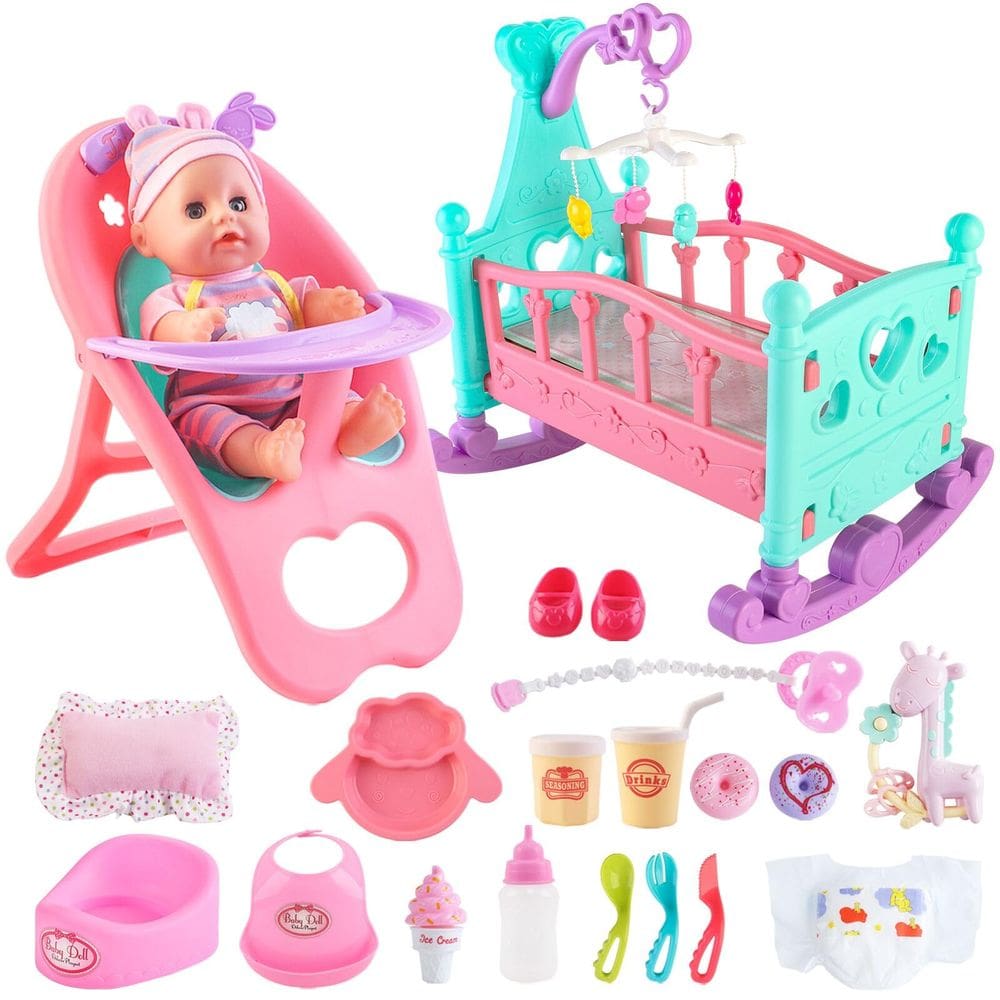 Conjunto de bonecas DeAo com berço, cadeira alta, carrinho de bebê, 20 peças