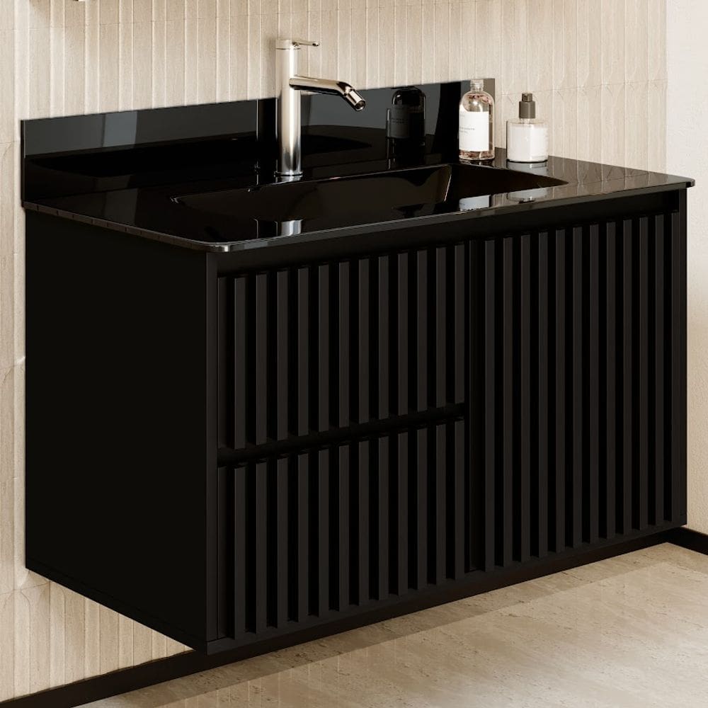 Gabinete Ripado Vision 80cm Preto com Bancada de Vidro