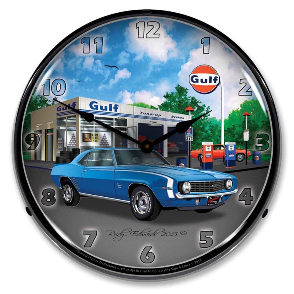 Relógio de parede Sign and Clock colecionáveis 1969 SS Camaro Gulf