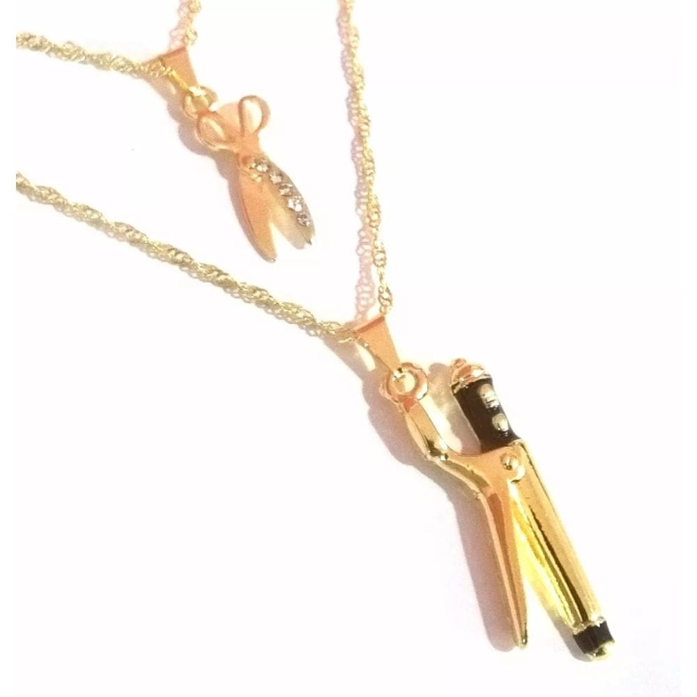 Cordão Duplo Tesoura Cabeleireira Folheado Ouro 18k