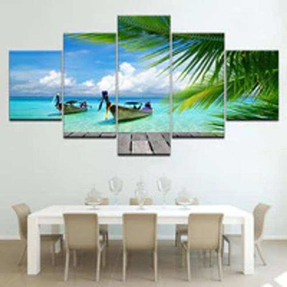 Quadro Decorativo Mosaico De 5 Peças Paisagem Praia Barcos