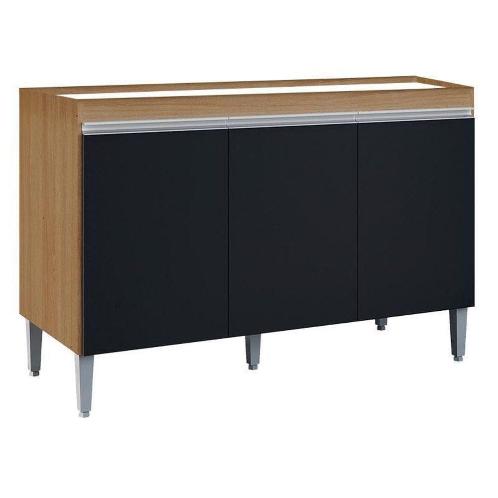 Balcão De Cozinha Para Pia 120cm Manu 3 Portas Sem Tampo Branco Amêndoa/Preto
