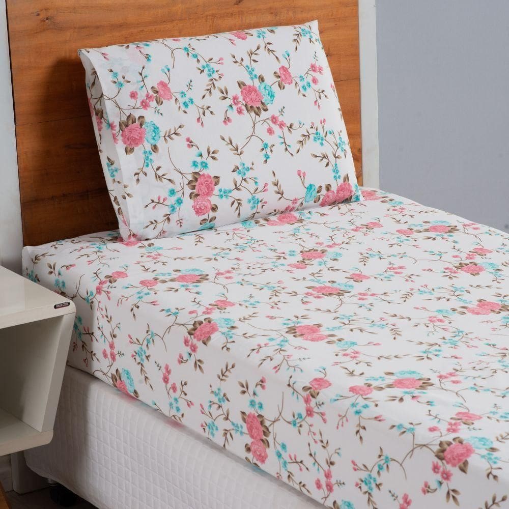 Jogo De Lençol Dia A Dia Estilo na cor Estampado 3 Peças Casal 80% Algodão 20% Poliéster Percal 180 Fios - Floral Rosê