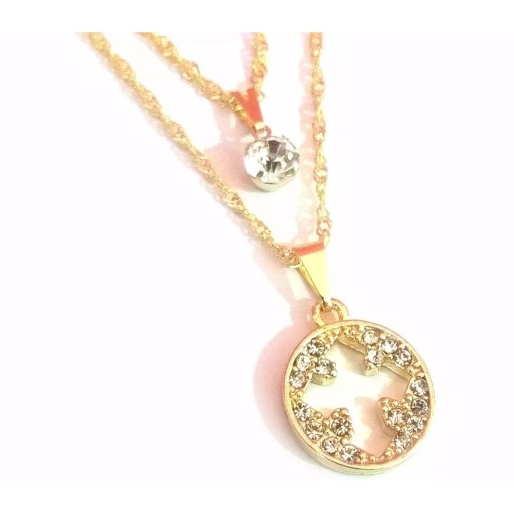 Colar Cordão Duplo Medalha Crucifixo Folheado 18k