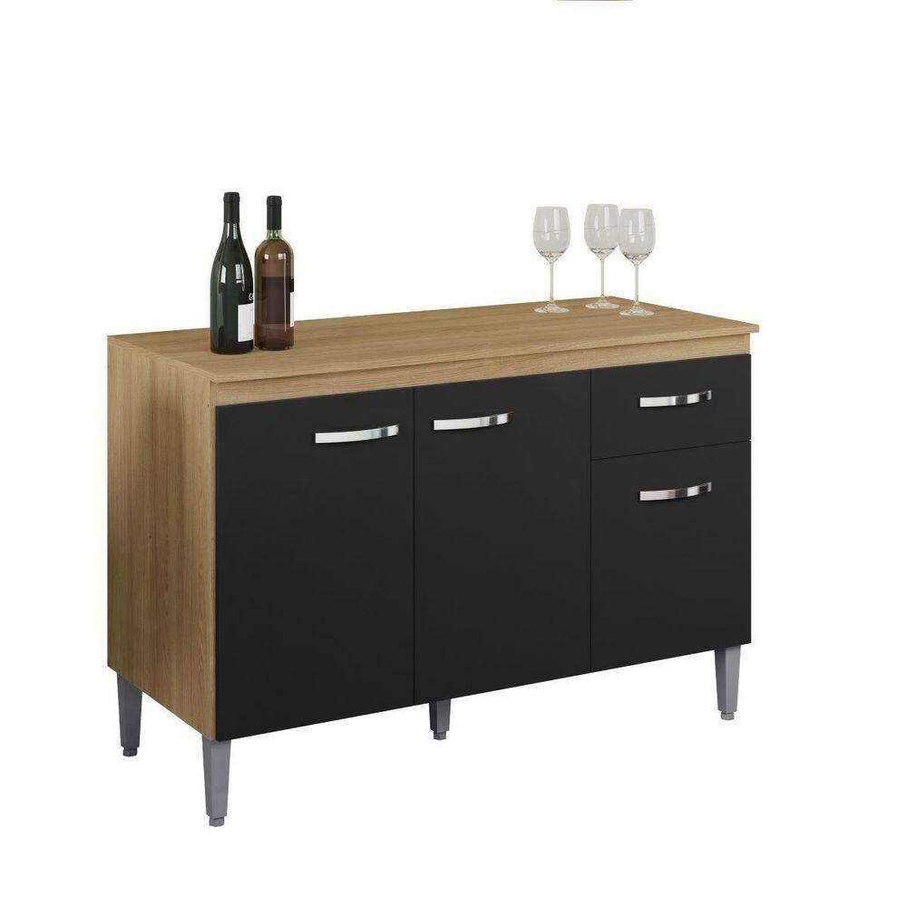 Balcão De Cozinha 120cm Gabriela 3 Portas 1 Gaveta Com Tampo Amêndoa/Preto