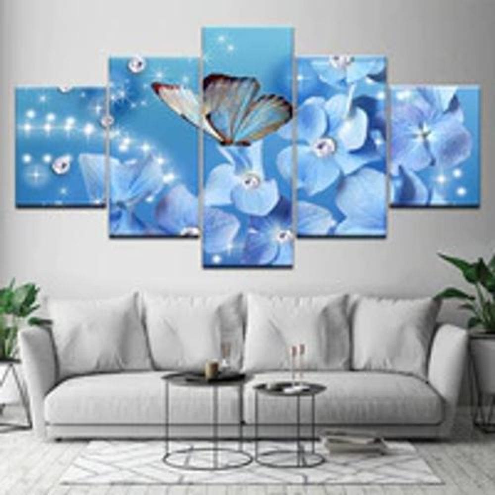 Quadro Decorativo Mosaico De 5 Peças Flor E Borboletas Azuis