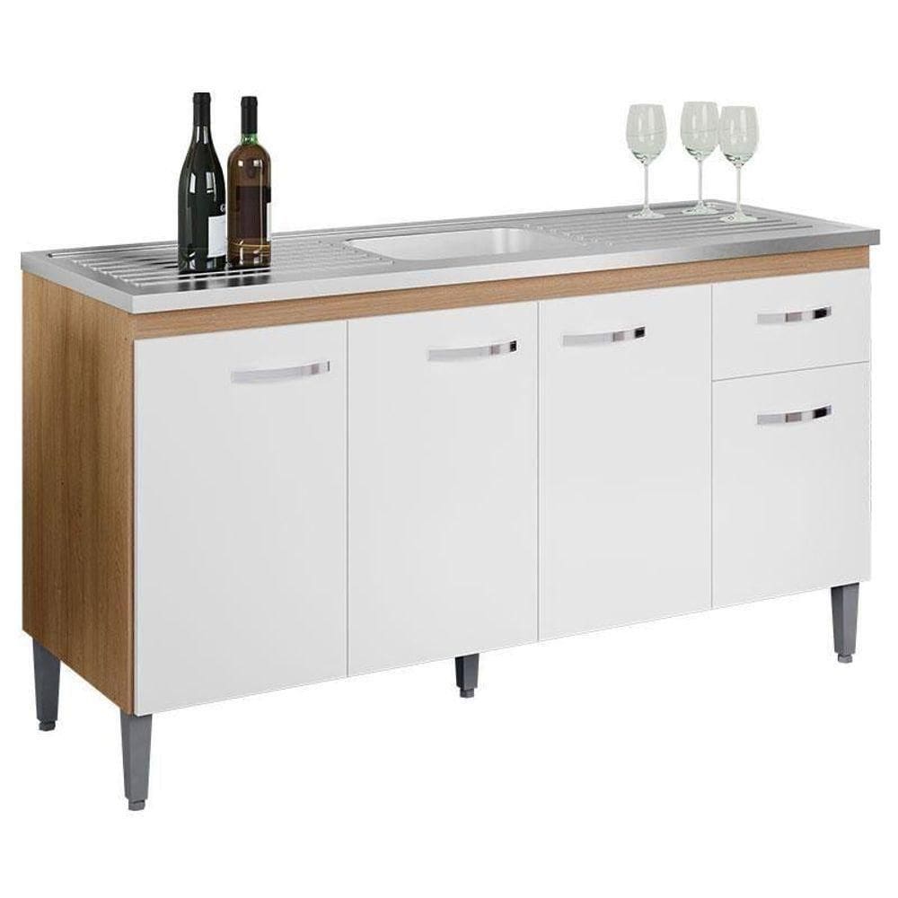 Balcão De Cozinha Para Pia 150cm Gabriela 4 Portas 1 Gaveta Sem Tampo Amêndoa/Branco
