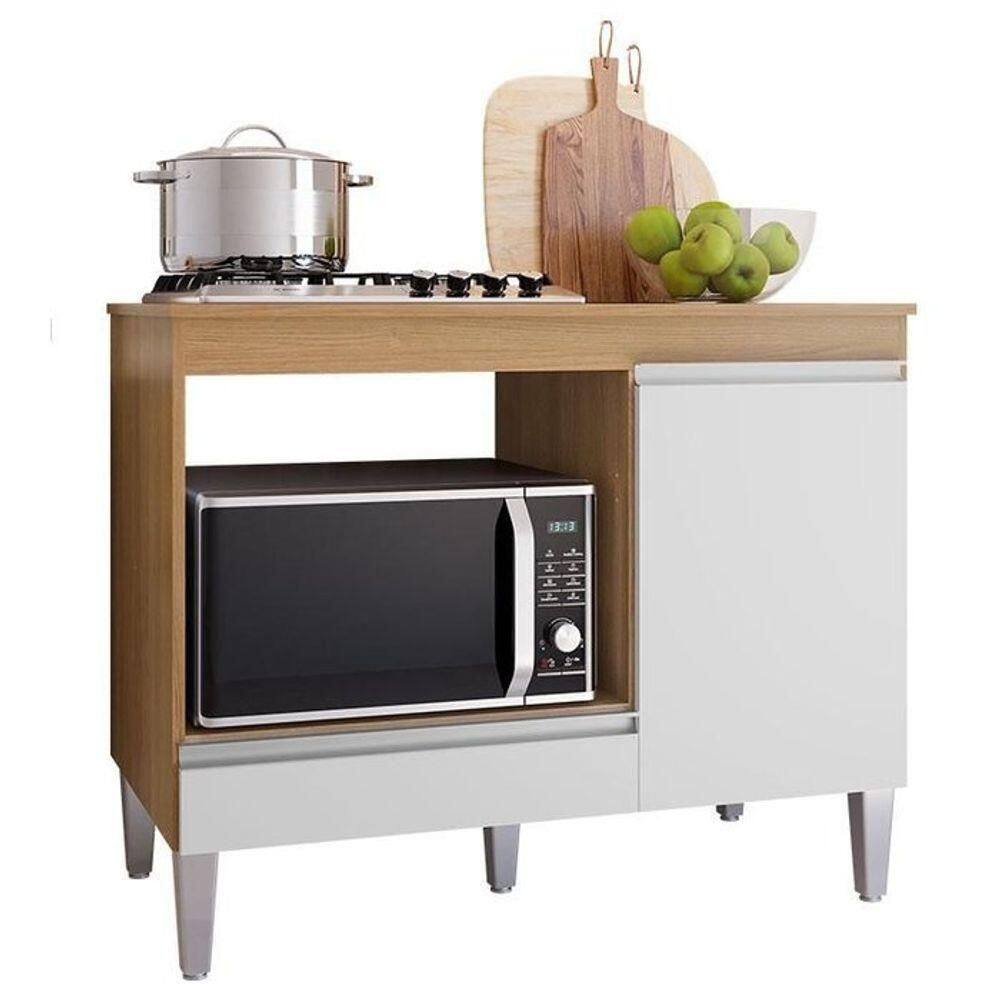 Balcão Cooktop Carla Com Tampo Para 4 Ou 5 Bocas Nicho Para Micro-ondas 1 Porta 1 Gaveta Amêndoa/Branco