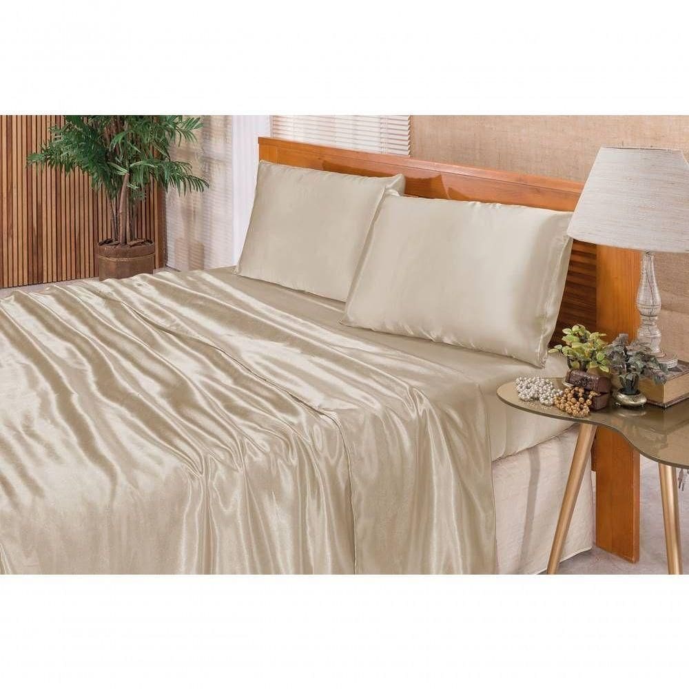 Jogo De Cama Lençol Cetim Casal Romantic 04 Peças - Prata
