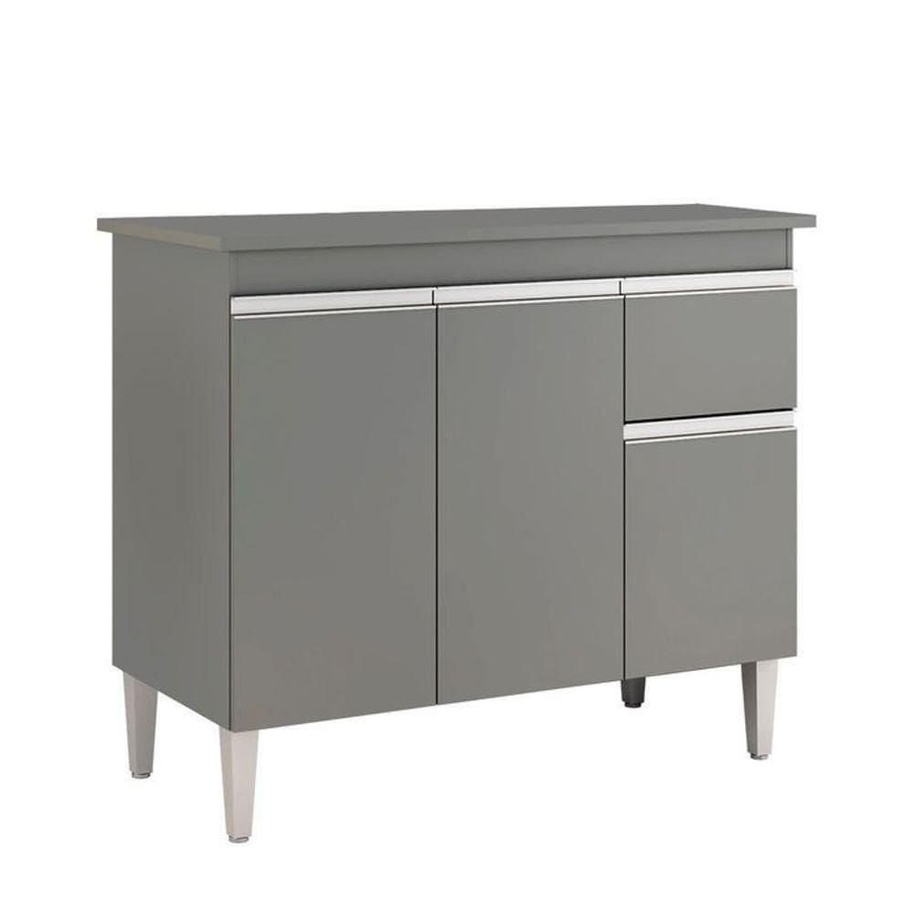 Balcão De Cozinha Tatiane 100cm 3 Portas 1 Gaveta Com Tampo Cinza