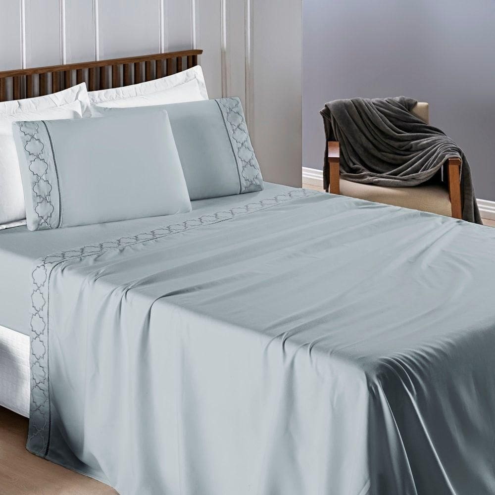 Jogo De Cama 300 Fios Bordado Queen Infinity 04 Peças - Cinza