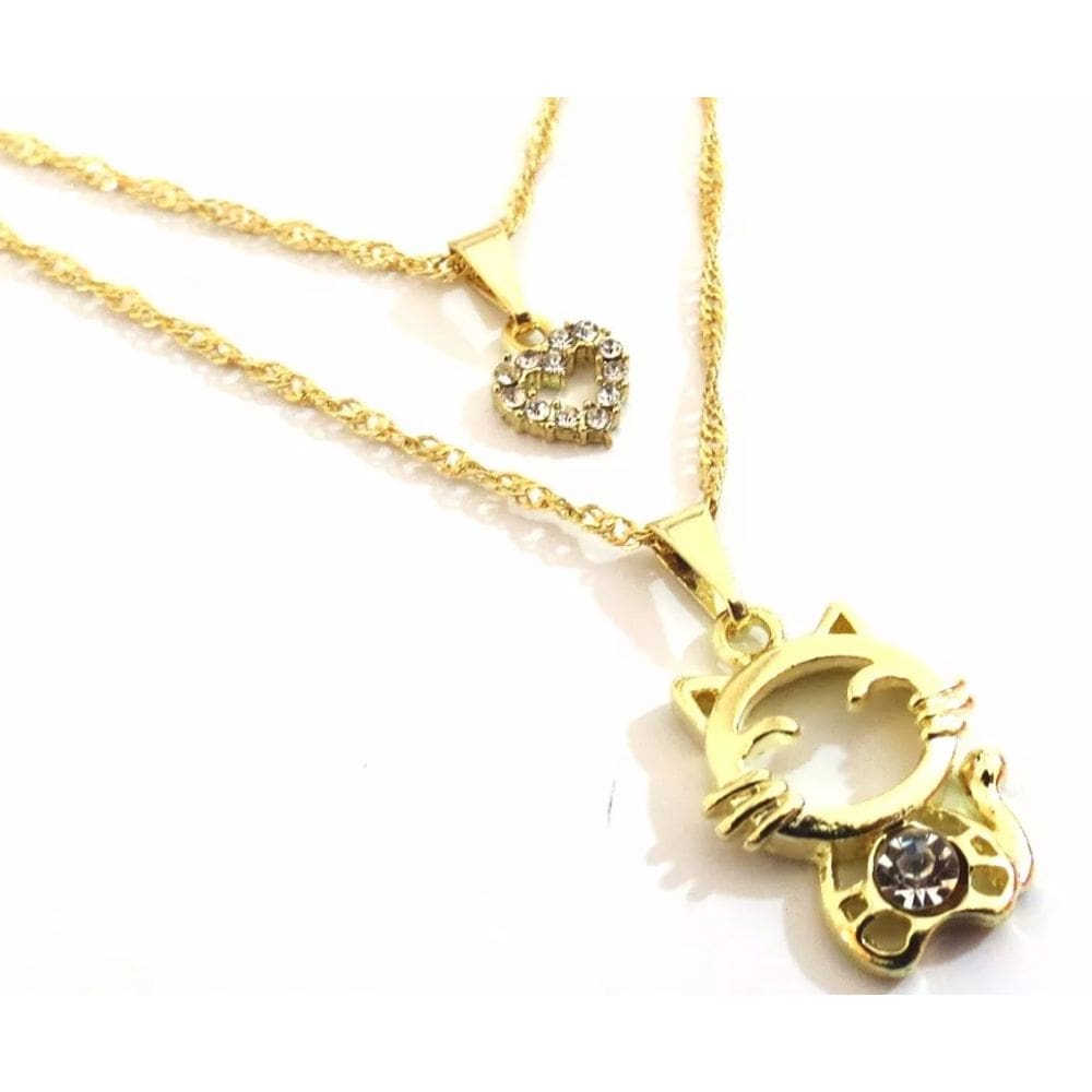 Colar Duplo Gato Gatinho Folheado A Ouro 18k