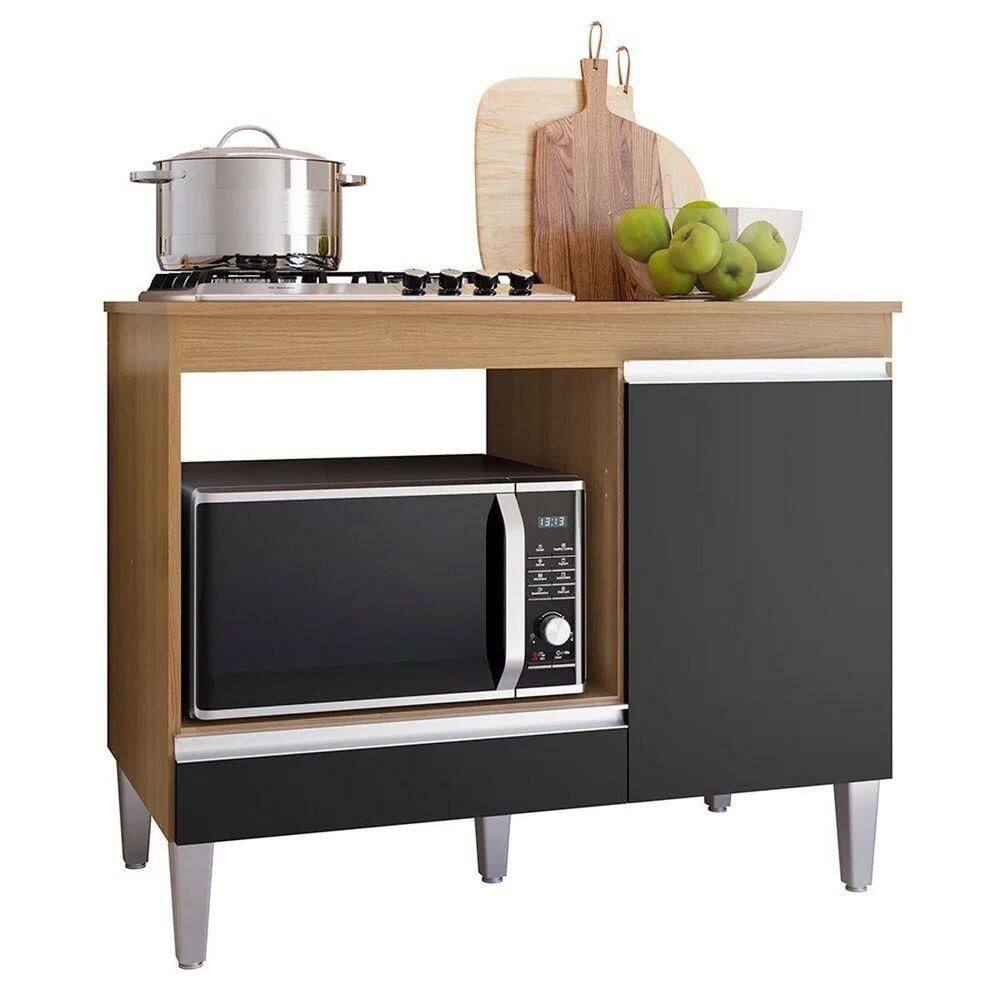 Balcão Cooktop Carla Com Tampo Para 4 Ou 5 Bocas Nicho Para Micro-ondas 1 Porta 1 Gaveta Amêndoa/Preto