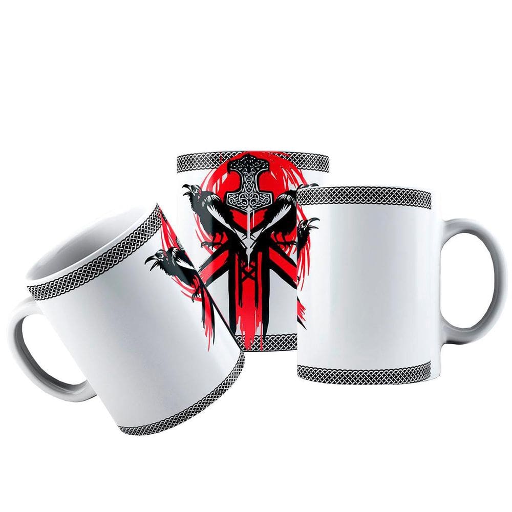 Caneca Cerâmica Mjolnir Thor Corvos Odin Mitos Nórdicos