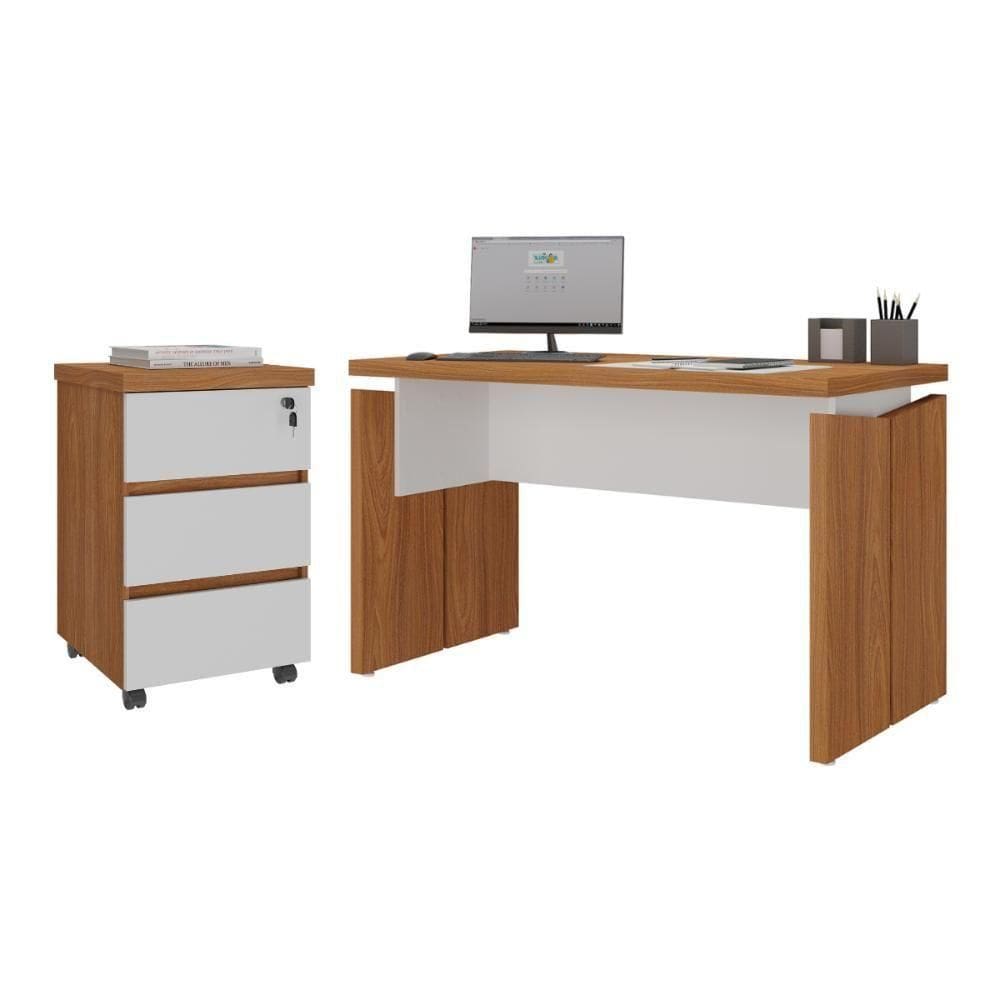 Mesa Para Escritório E Gaveteiro Araçu Freijó Branco