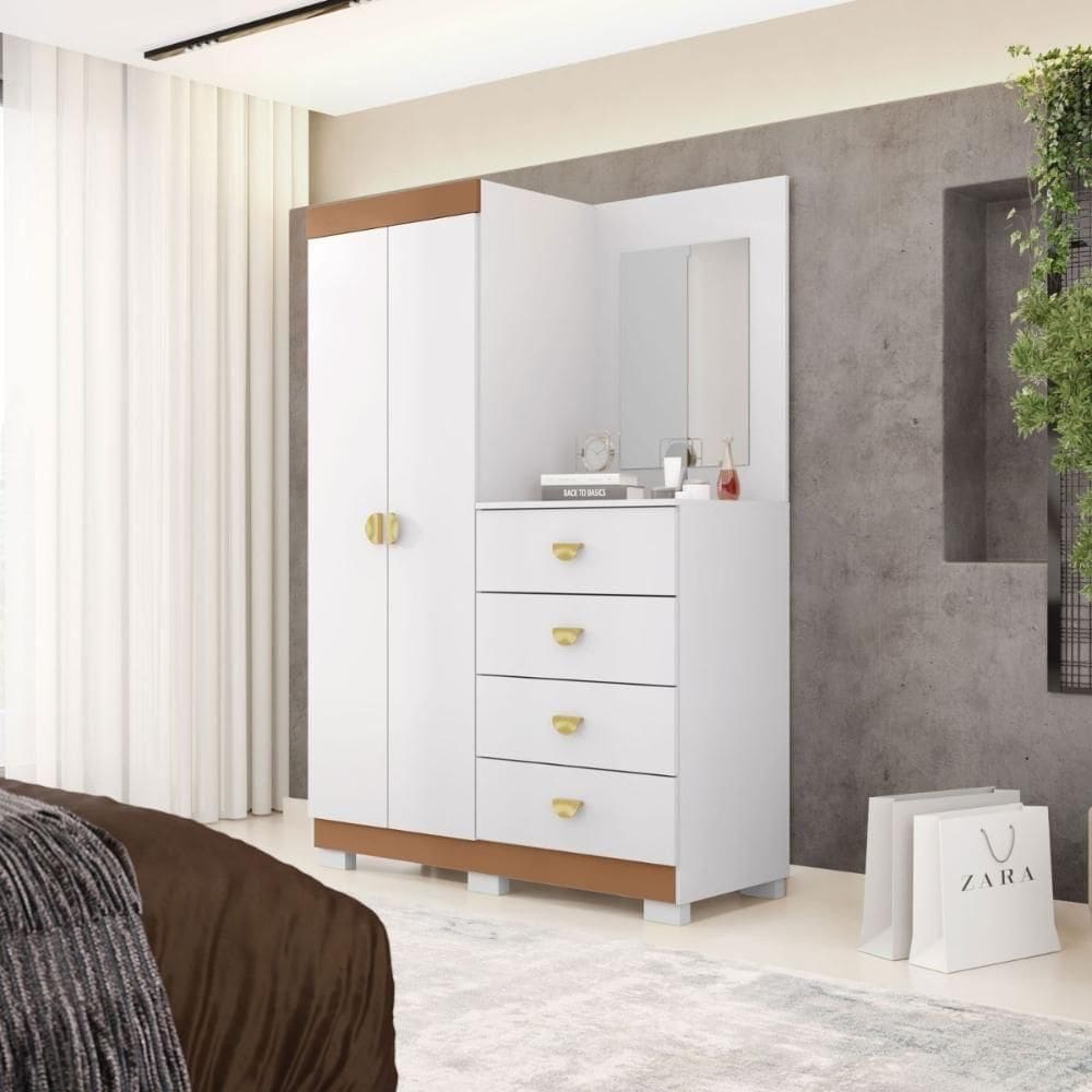 Cômoda Roupeiro 4 Gavetas Espelho Gerórgia Branco Camarim