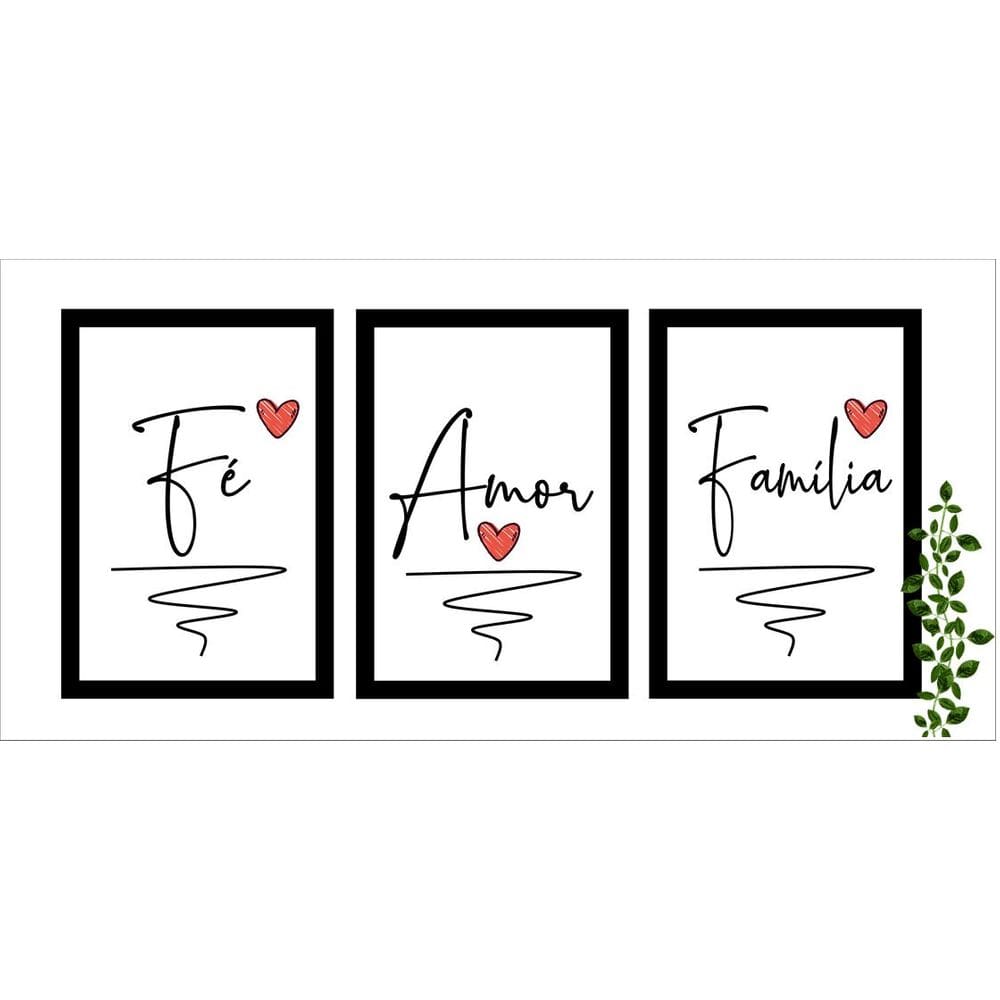 Conjunto Quadros Decorativos Fé Amor Família com Vidro A4