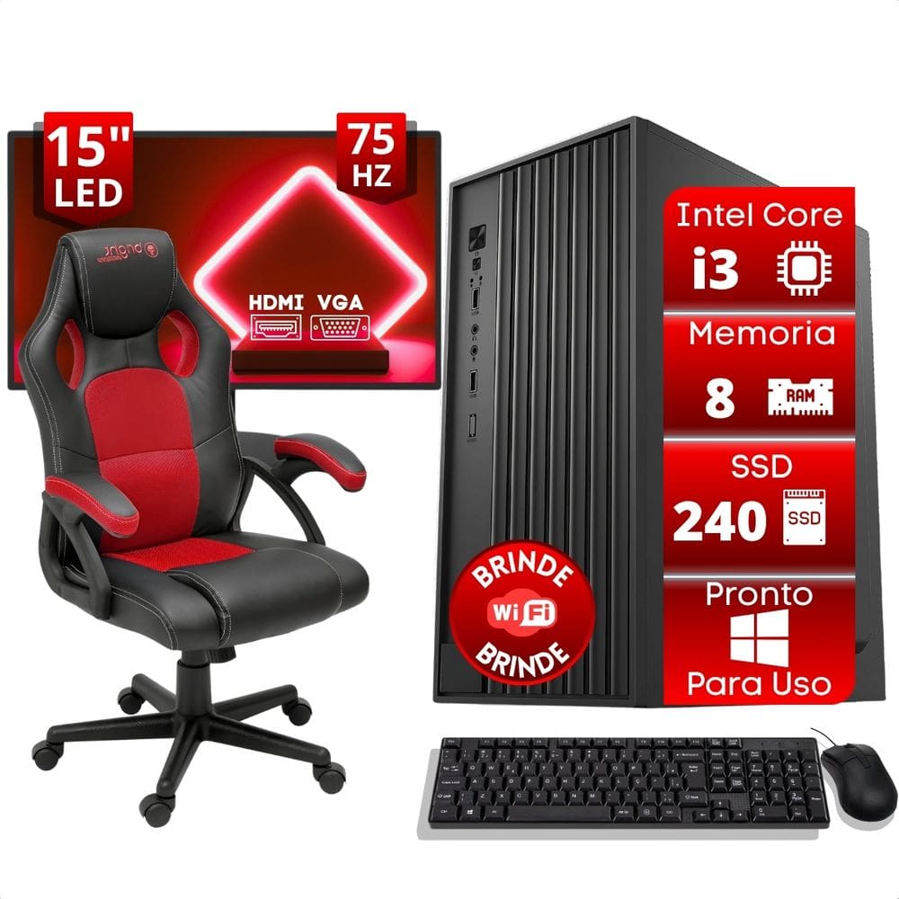 Computador Office Completo Kit Pc Intel Core I3 8gb Ssd 240gb Cadeira Gamer Monitor 15 Polegadas