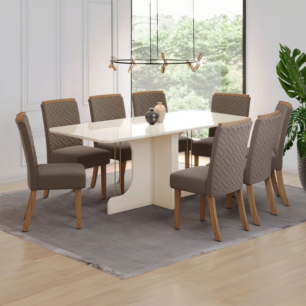 Mesa de Jantar 8 Lugares Amara com Vidro Natural/Off White/Amêndoa - Pnr Móveis