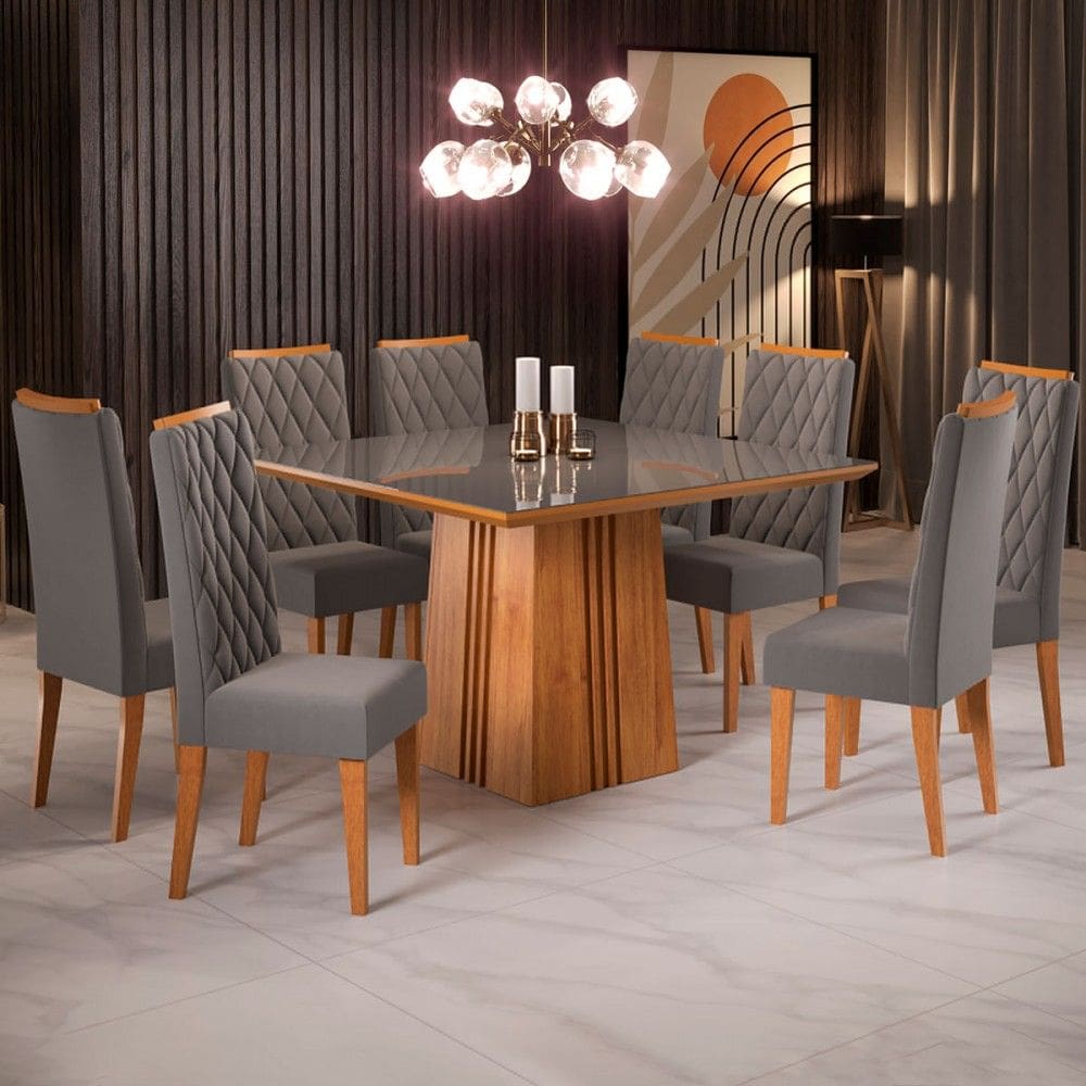 Mesa de Jantar 8 Lugares Amabile com Vidro Marrom/Veludo Cinza/Grafite - Pnr Móveis