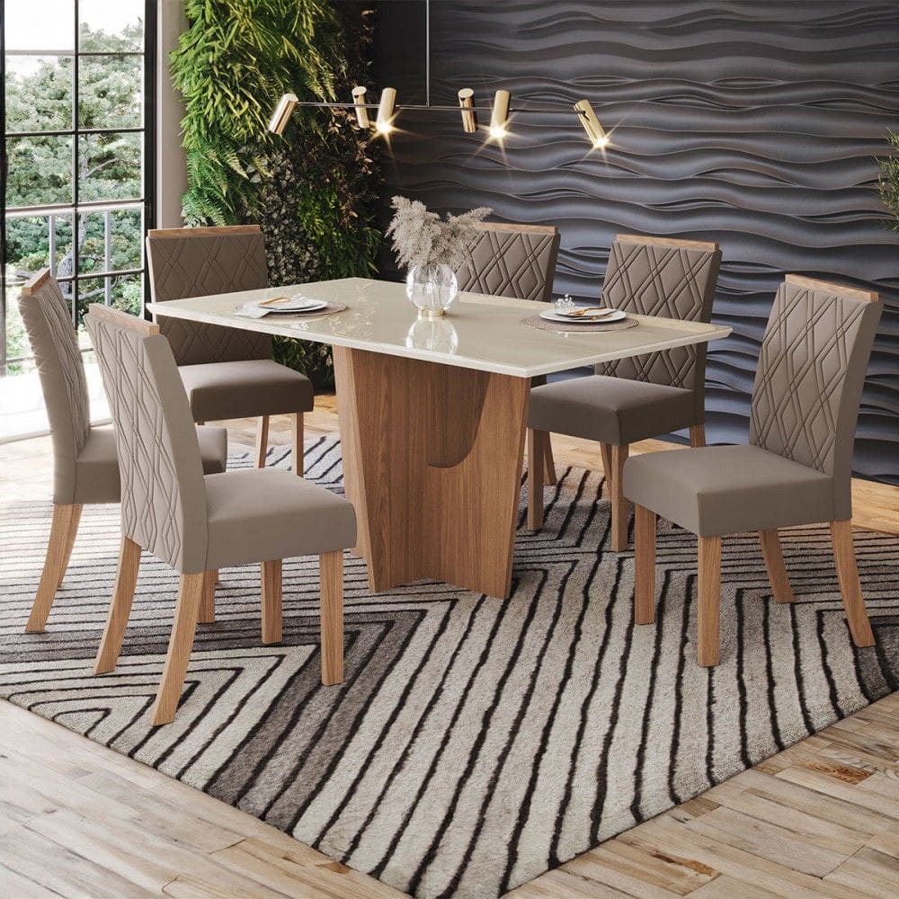 Mesa de Jantar 6 Lugares Nicole/Vita com Vidro Natural/Off White/Bege - Pnr Móveis