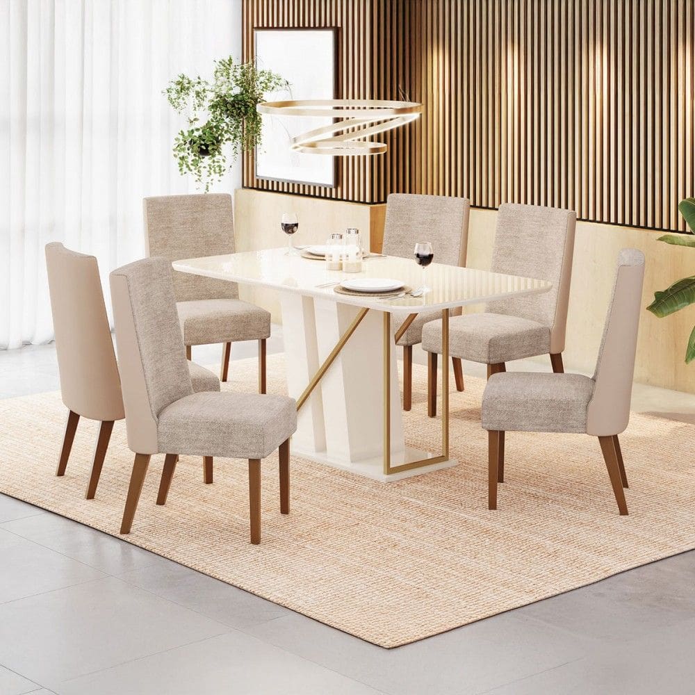 Mesa de Jantar 8 Lugares Naomi com Vidro Creme/Natural/Off White - Pnr Móveis