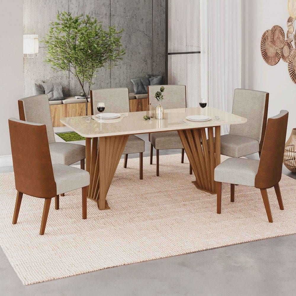 Mesa de Jantar 6 Lugares Lívia/Anne Natural/Off White/Courano/Linho- Pnr Móveis