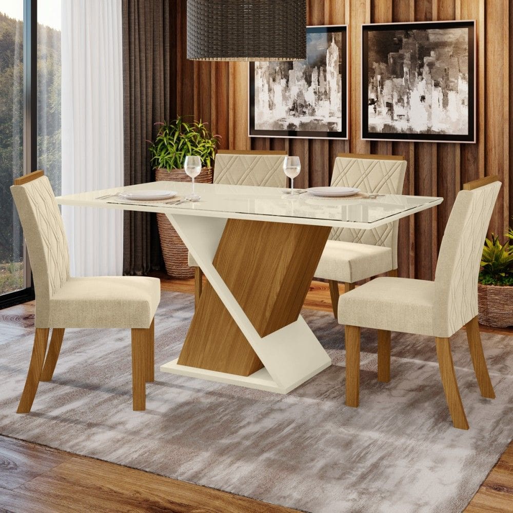 Mesa de Jantar 4 Lugares Viana Natural/Off White/Linho - Pnr Móveis