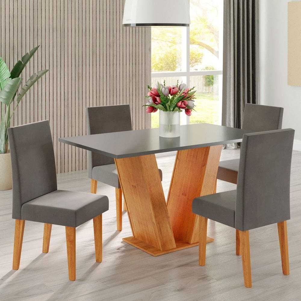 Mesa de Jantar 4 Lugares Lidia Vênus Marrom/Cinza Brilho/Veludo Grafite - Pnr Móveis