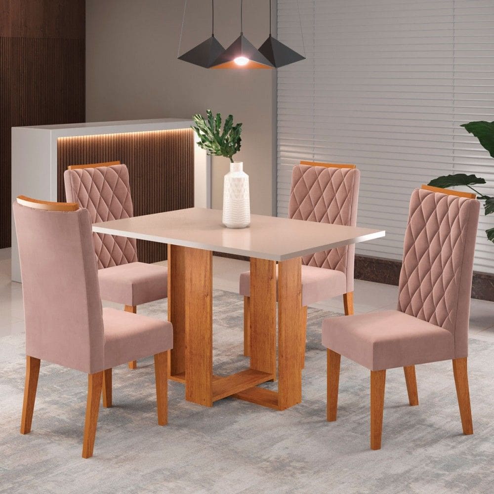 Mesa de Jantar 4 Lugares Tais Marrom/Blonde/Veludo Rosa - Pnr Móveis