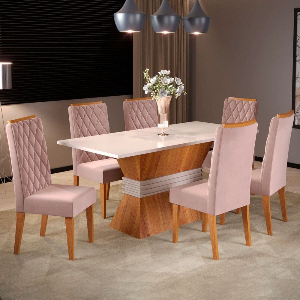 Mesa de Jantar 6 Lugares Lia Marrom/Blonde/Veludo Rosa - Pnr Móveis