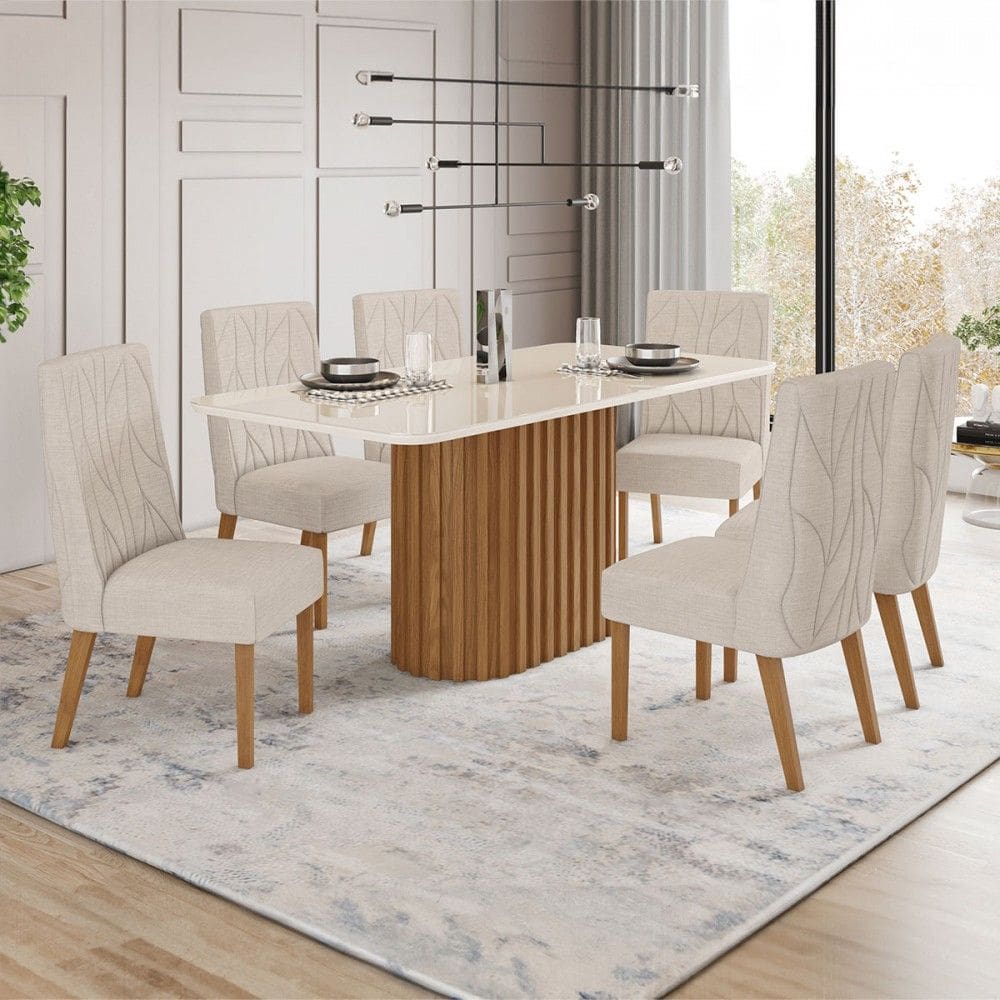 Mesa de Jantar 6 Lugares Luana/Eloá com Vidro Natural/Off White/Linho - Pnr Móveis