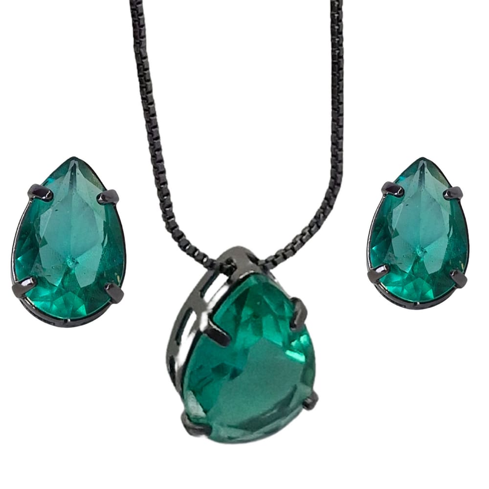 Conjunto Folheado com Pedra Gota Verde