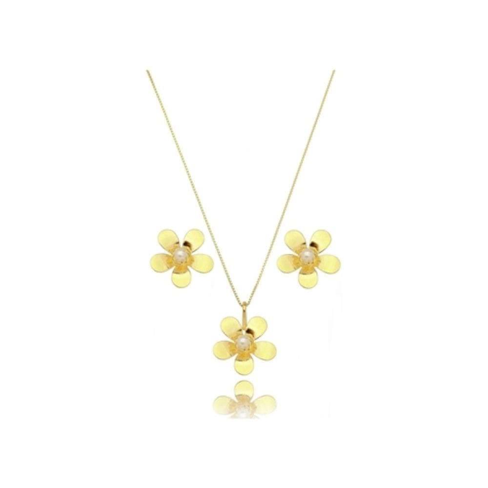Conjunto Brinco e Colar Folheado a Ouro Flor com Pérola