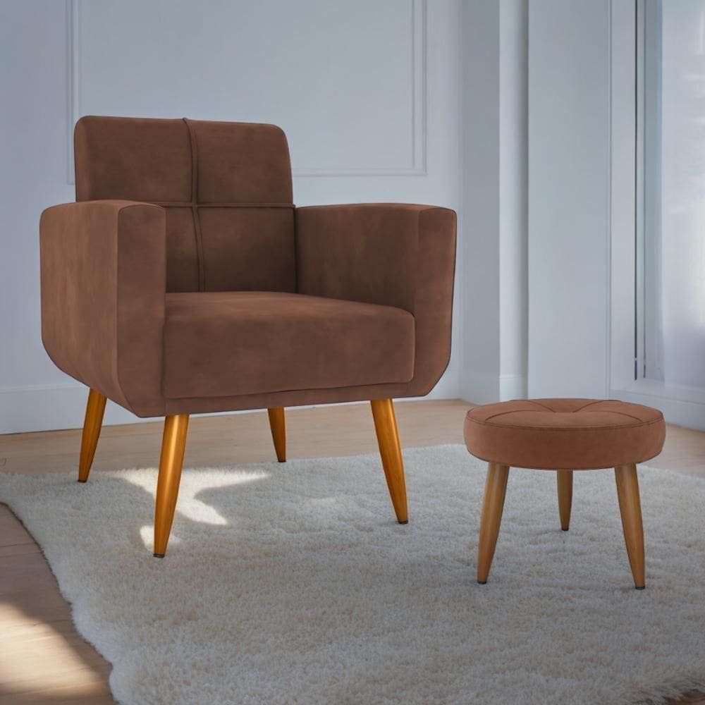 Jogo Poltrona E Puff Para Sala Hazen Veludo Ferrugem