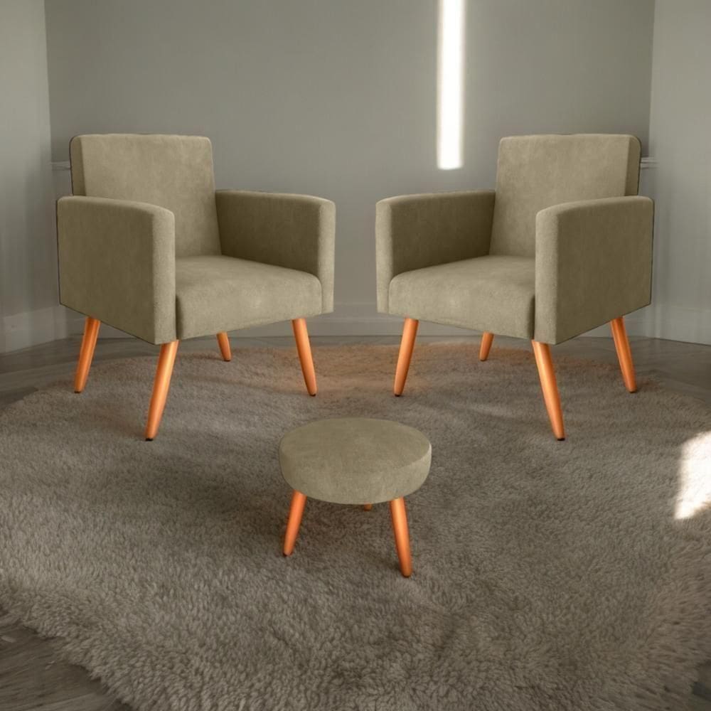 Conjunto Poltronas E Puff Iara Veludo Turkey Cappuccino
