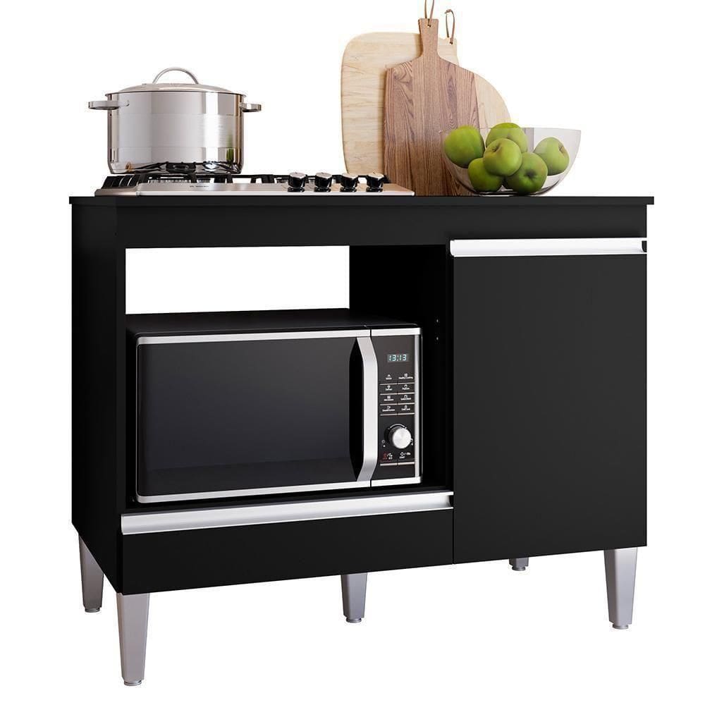 Balcão Cooktop Carla Com Tampo Para 4 Ou 5 Bocas Nicho Para Micro-ondas 1 Porta 1 Gaveta Preto