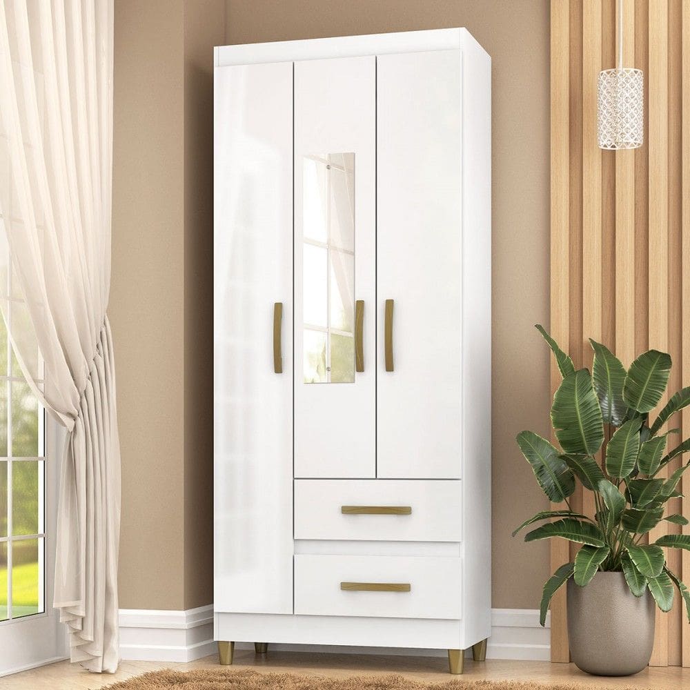 Guarda-Roupa Solteiro Rinaldi 3 Portas 2 Gavetas com Espelho Branco - Pnr Móveis