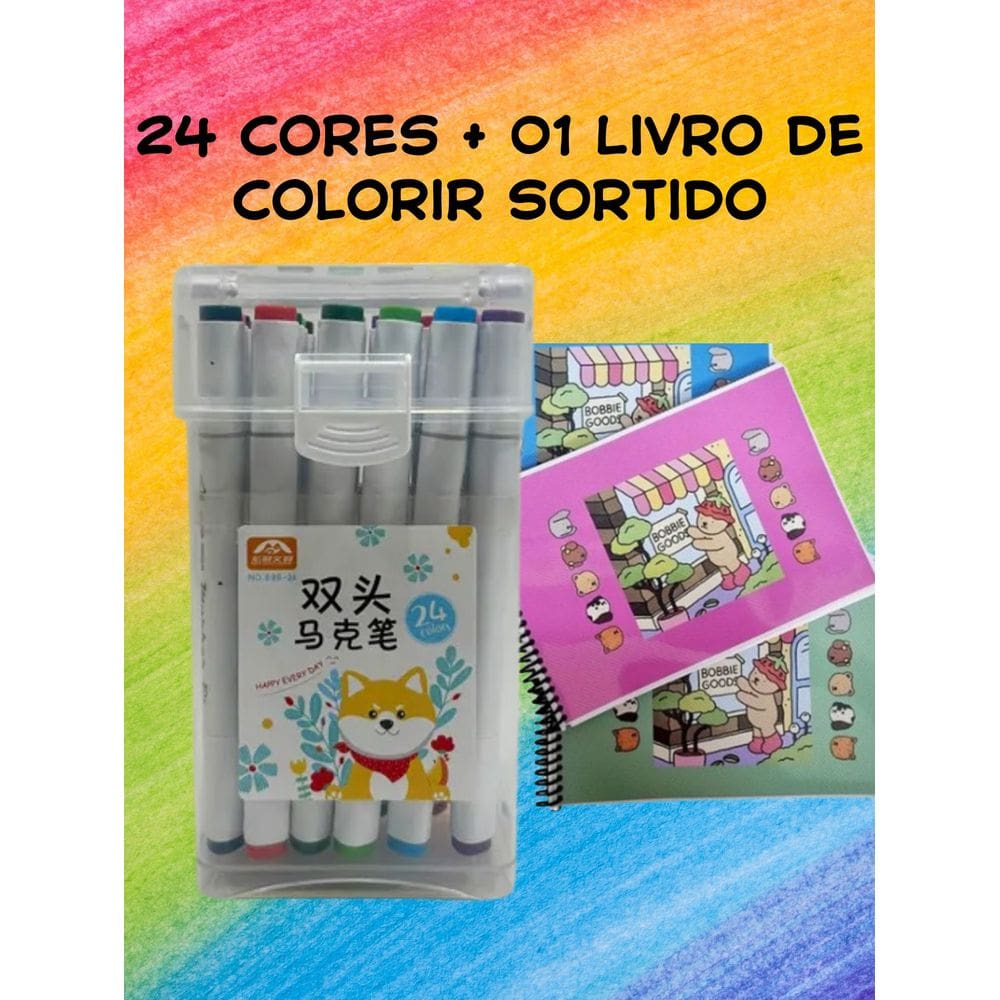 Canetinha para pintar bobi gudi 24 cores + livro de colorir canetinha ponta dupla papelaria
