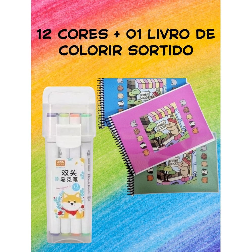 Canetinha para pintar bobi gudi 12 cores + livro de colorir canetinha ponta dupla papelaria