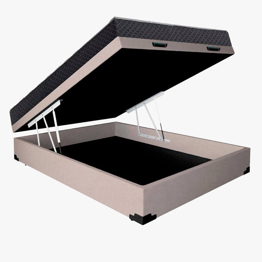 Cama Base Box Baú Casal Reforçado Suede Bege + Colchão Casal Reforçado D33 17x138x188